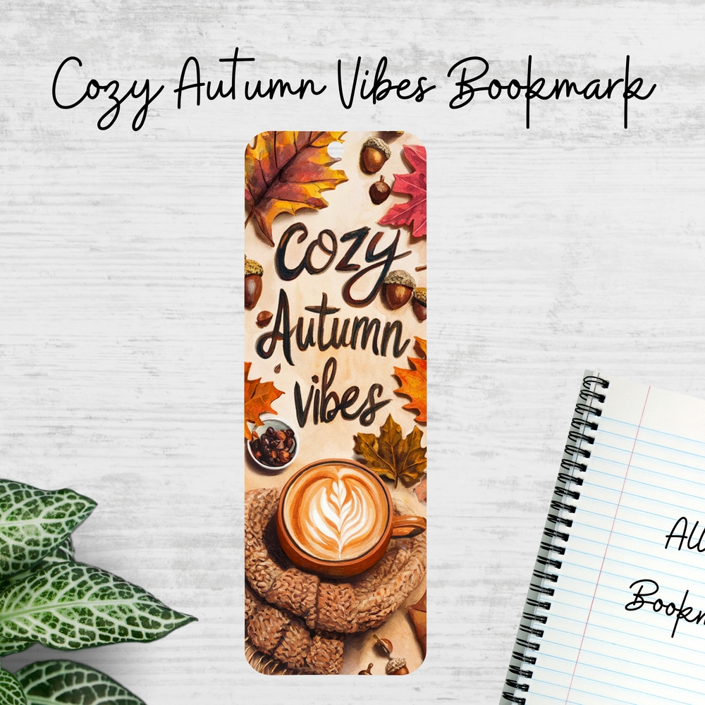 Cozy Autumn Vibes Metal Bookmark – Fall Leaves & Coffee